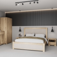 Dębowe łóżko z tapicerowanym zagłówkiem z pionowymi przeszyciami - 3